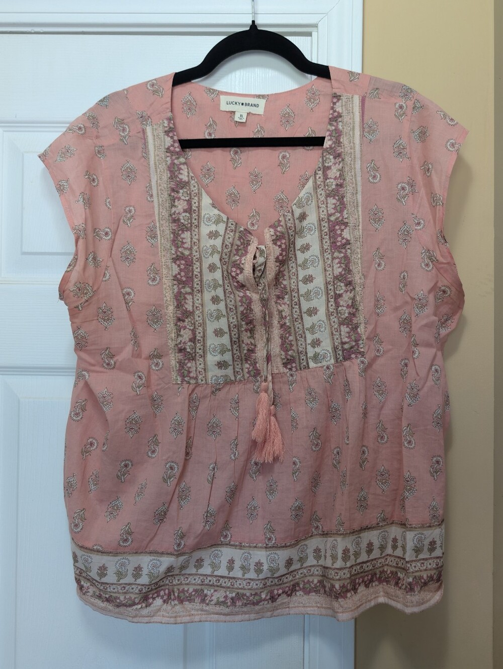 Luck Brand Cotton Boho Mixed Print Paisley Tie Front Blouse Autumn floral Light